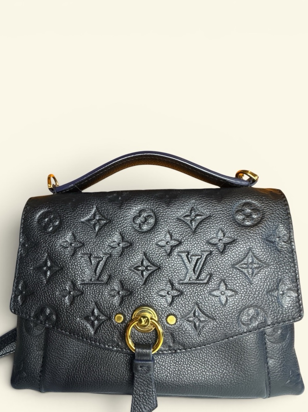 Louis Vuitton Black Embossed Monogram Satchel with Gold Hardware